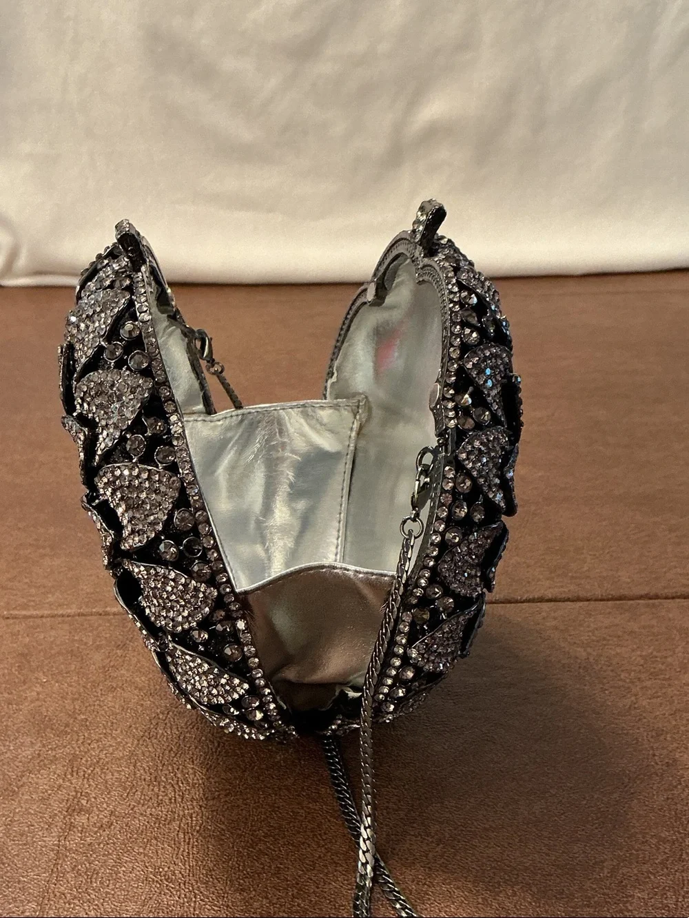 NWT Off Park Collection Designer Gun Metal Crystal Flower Evening Bag Clutch 6”